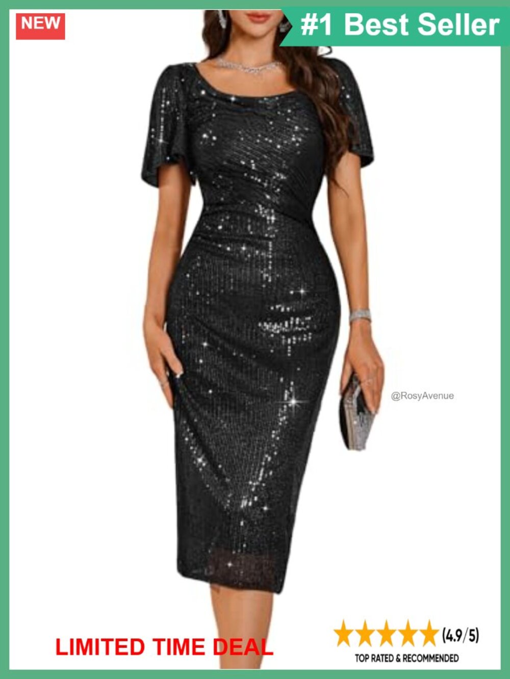 Sequin Formal Cocktail Midi Dress Ruffle Sleeve Ruch Bodycon Party Wedding Guest